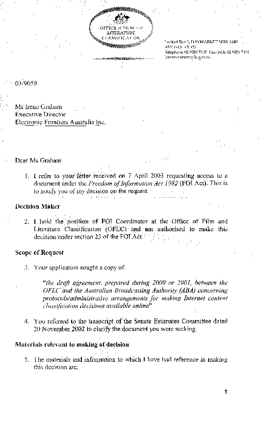 Page 1, Letter from OFLC